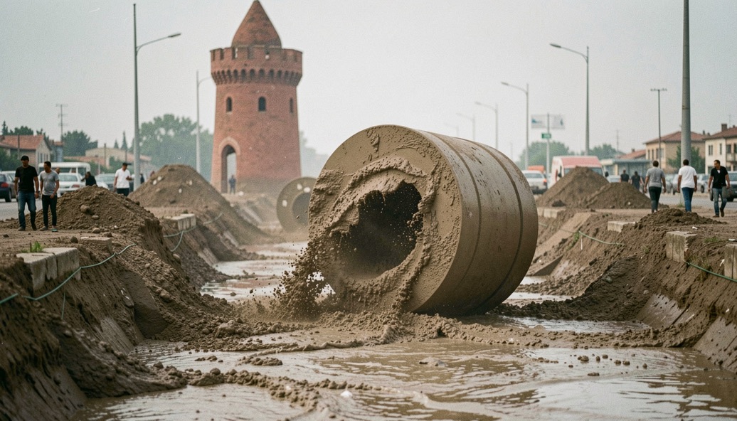 Su dolu bir kanalın üzerinde yükselen çamur rengi kale suru ve dev yuvarlanan silindir engelin manzarası