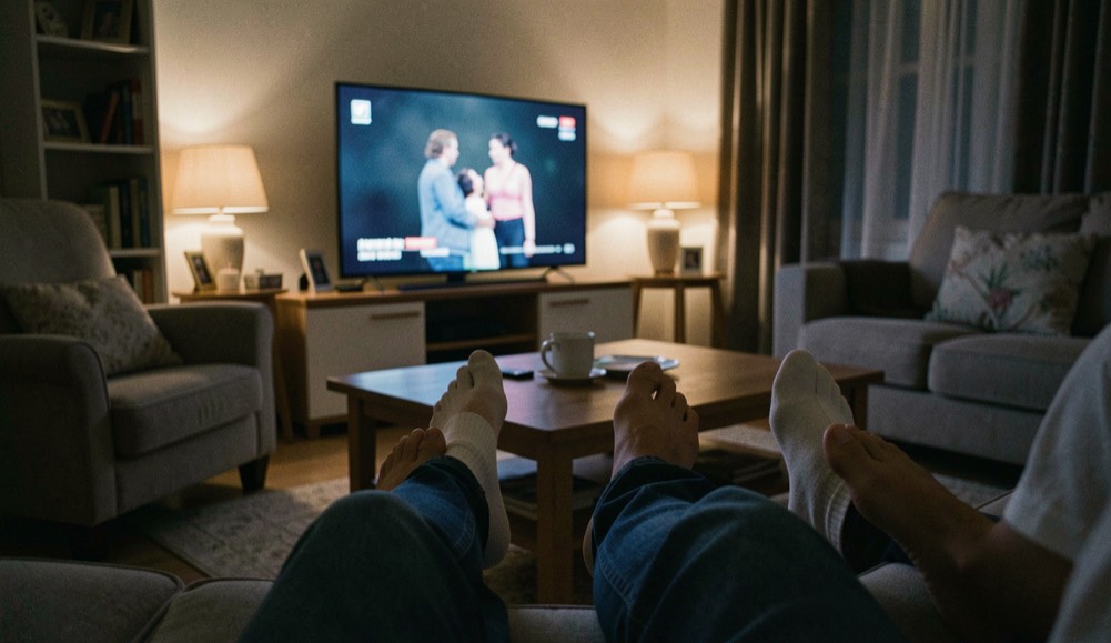Perdeleri çekilmiş bir salonda akşam karanlığında televizyon karşısına dizilmiş aile ayaklarının perspektif görünümü