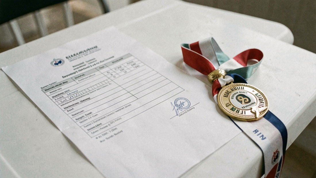 Beyaz bir masada doldurulmayı bekleyen başvuru formunun yanında düdükle bağlanmış numaralı yarışmacı rozeti