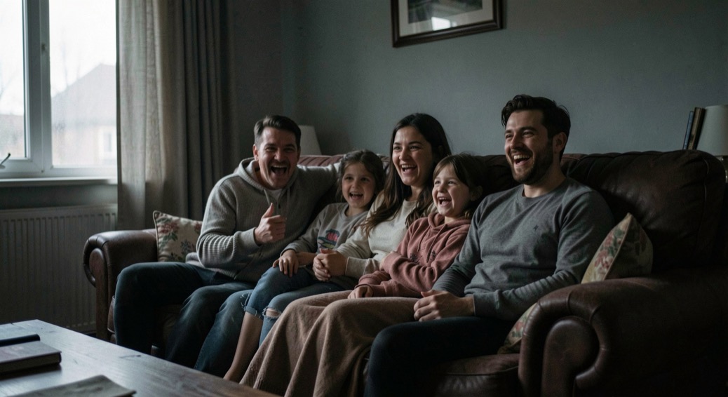 Karanlık bir oturma odasında televizyon ışığıyla aydınlanan heyecanlı bir ailenin kanepedeki yüz görünümü